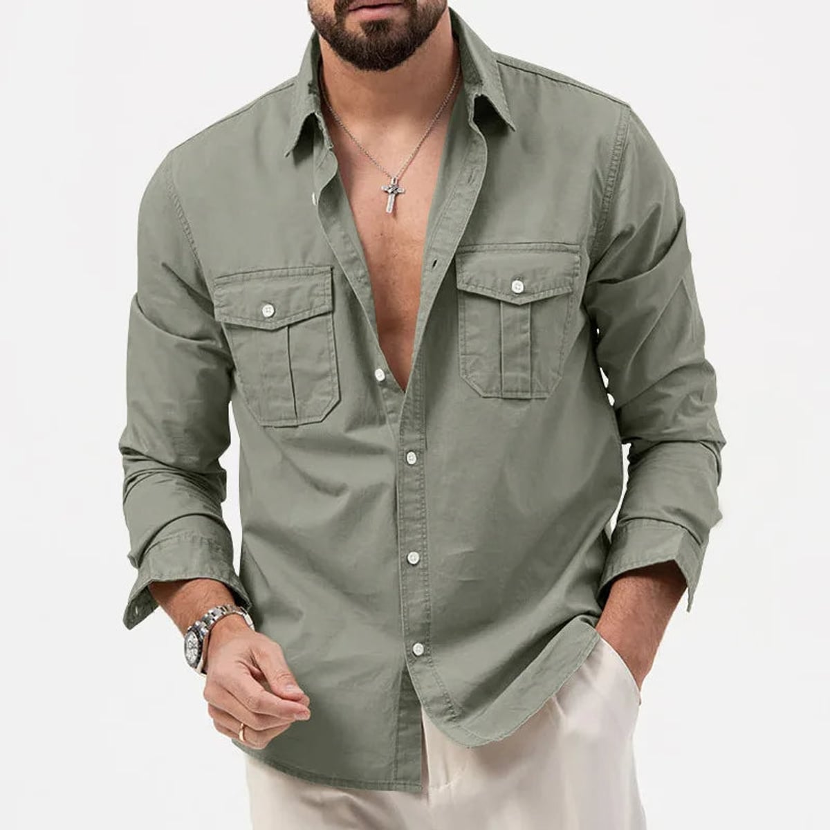 men's long sleeve utility polo shirt in green