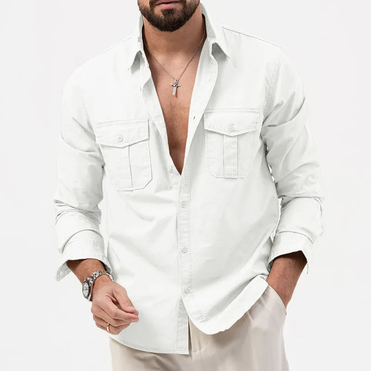men's long sleeve utility polo shirt in white