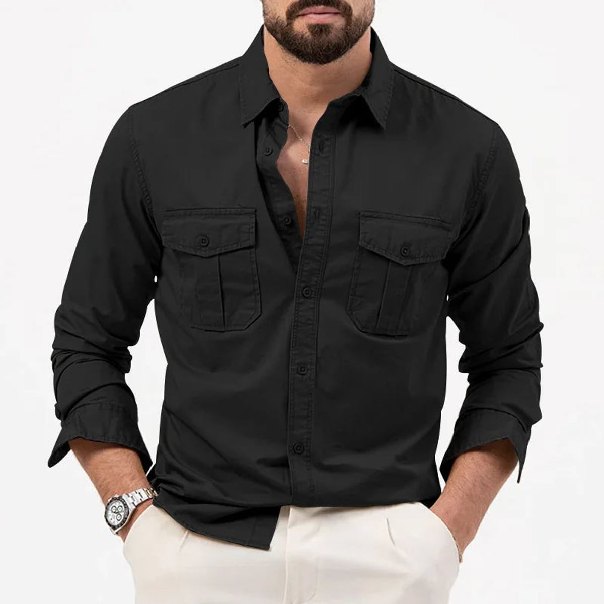 men's long sleeve utility polo shirt in black