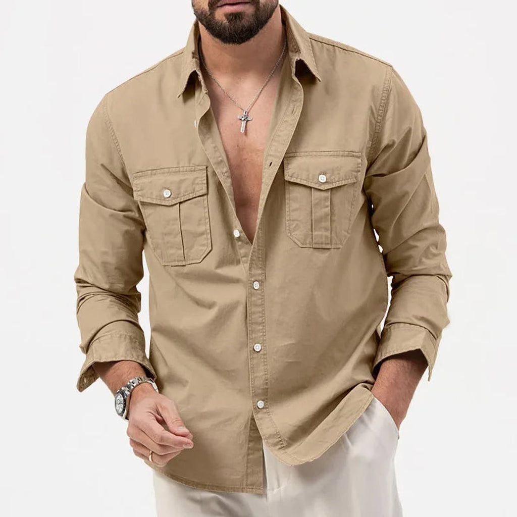 men's long sleeve utility polo shirt in khaki