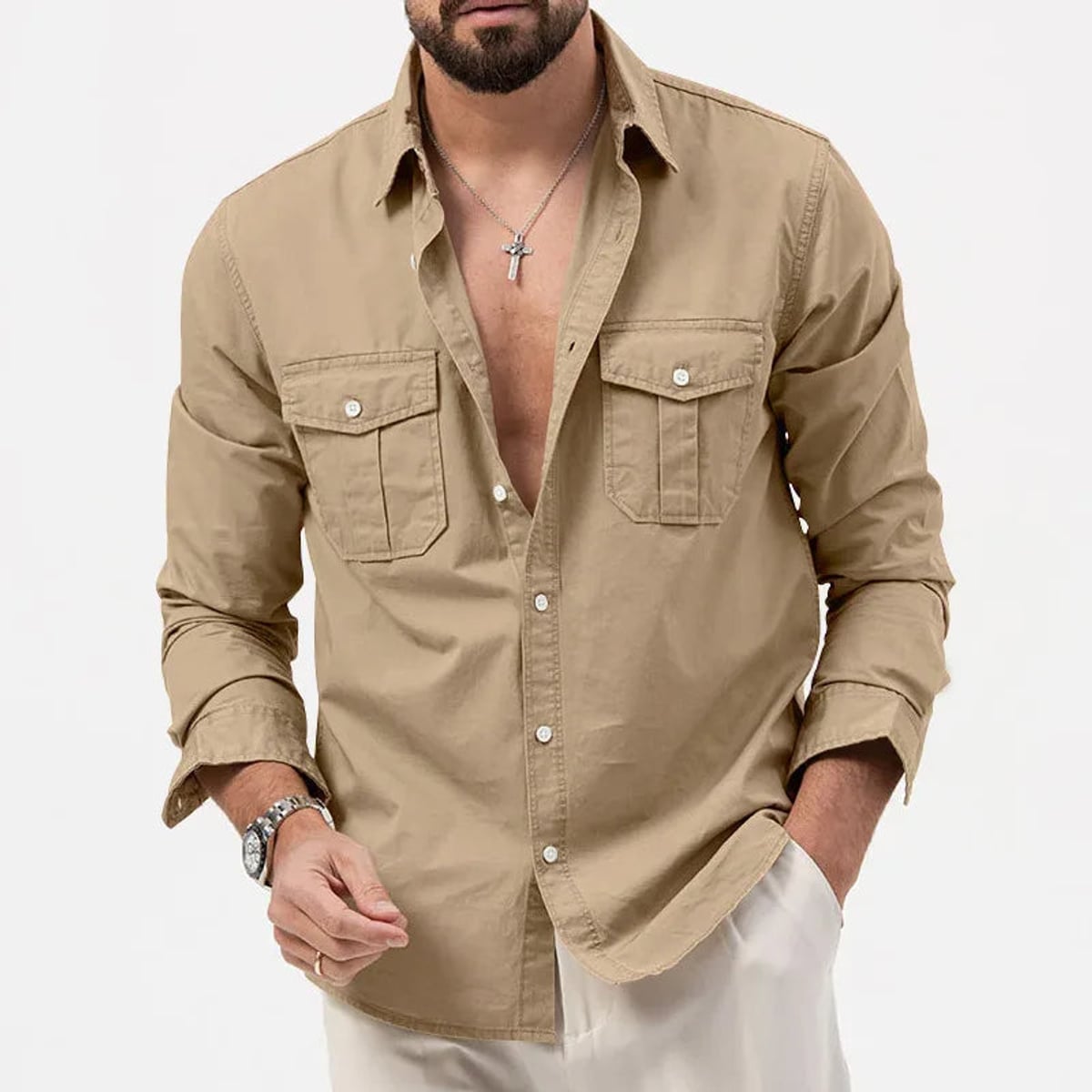 men's long sleeve utility polo shirt in khaki