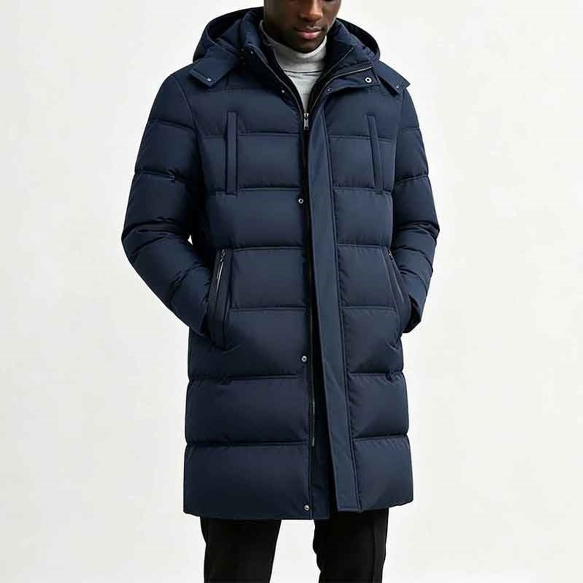 men's longline hooded puffer jacket dark blue