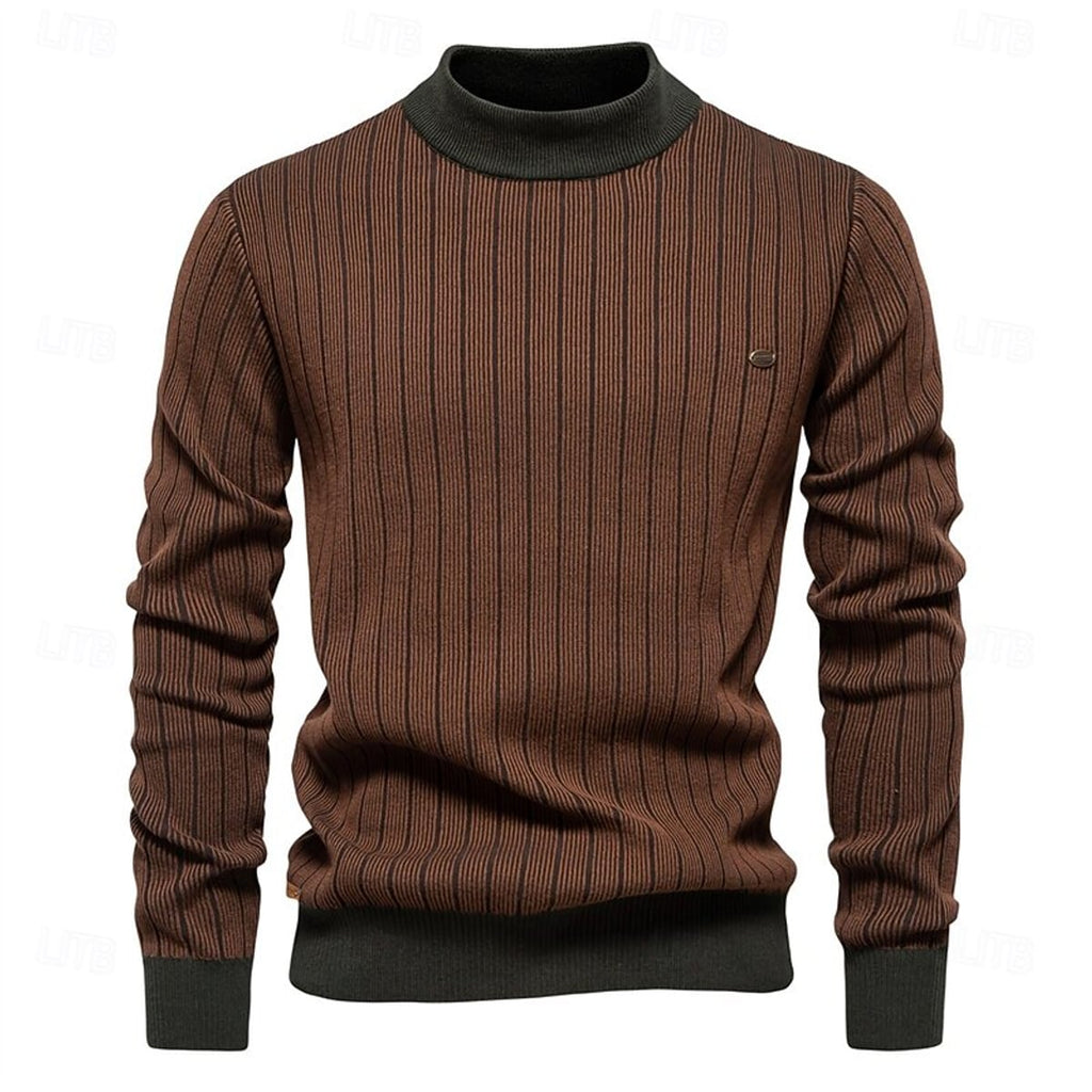 men's mock neck striped sweater in brown