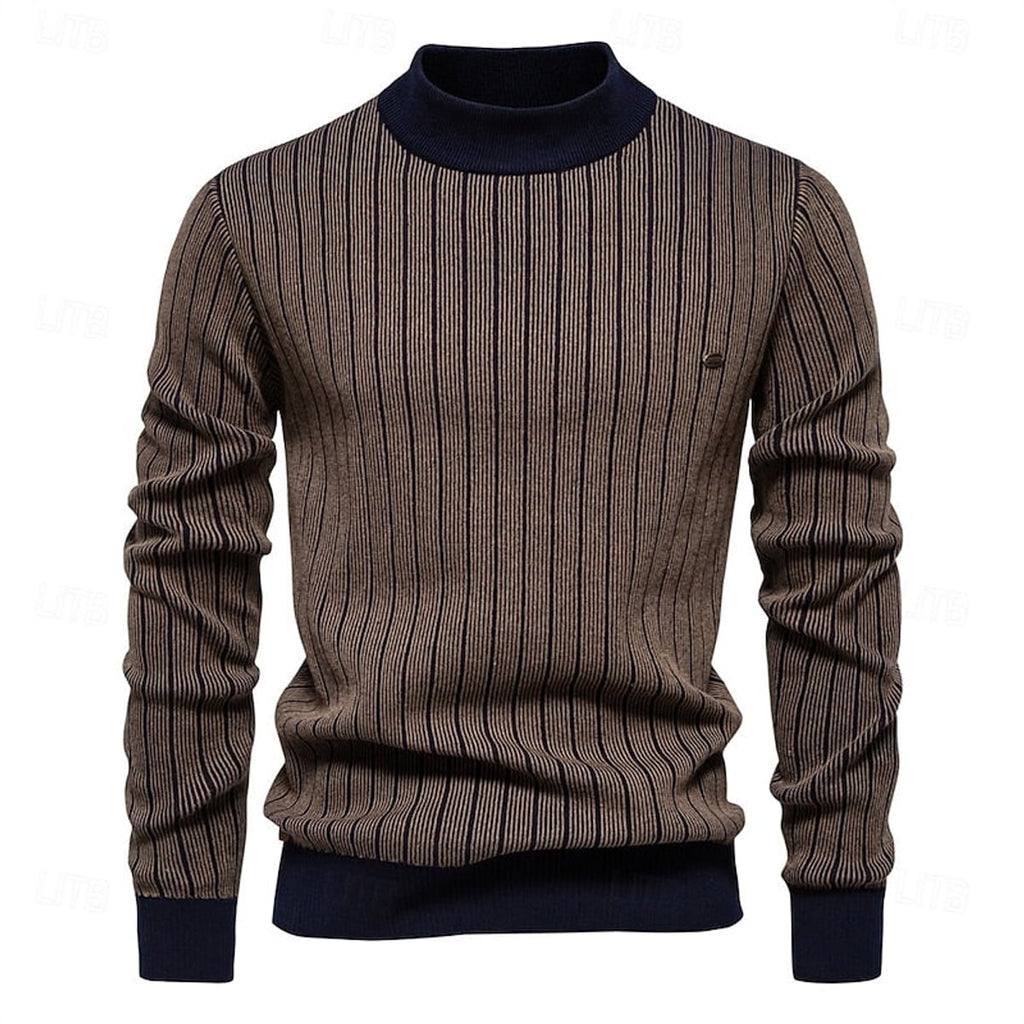 men's mock neck striped sweater in khaki