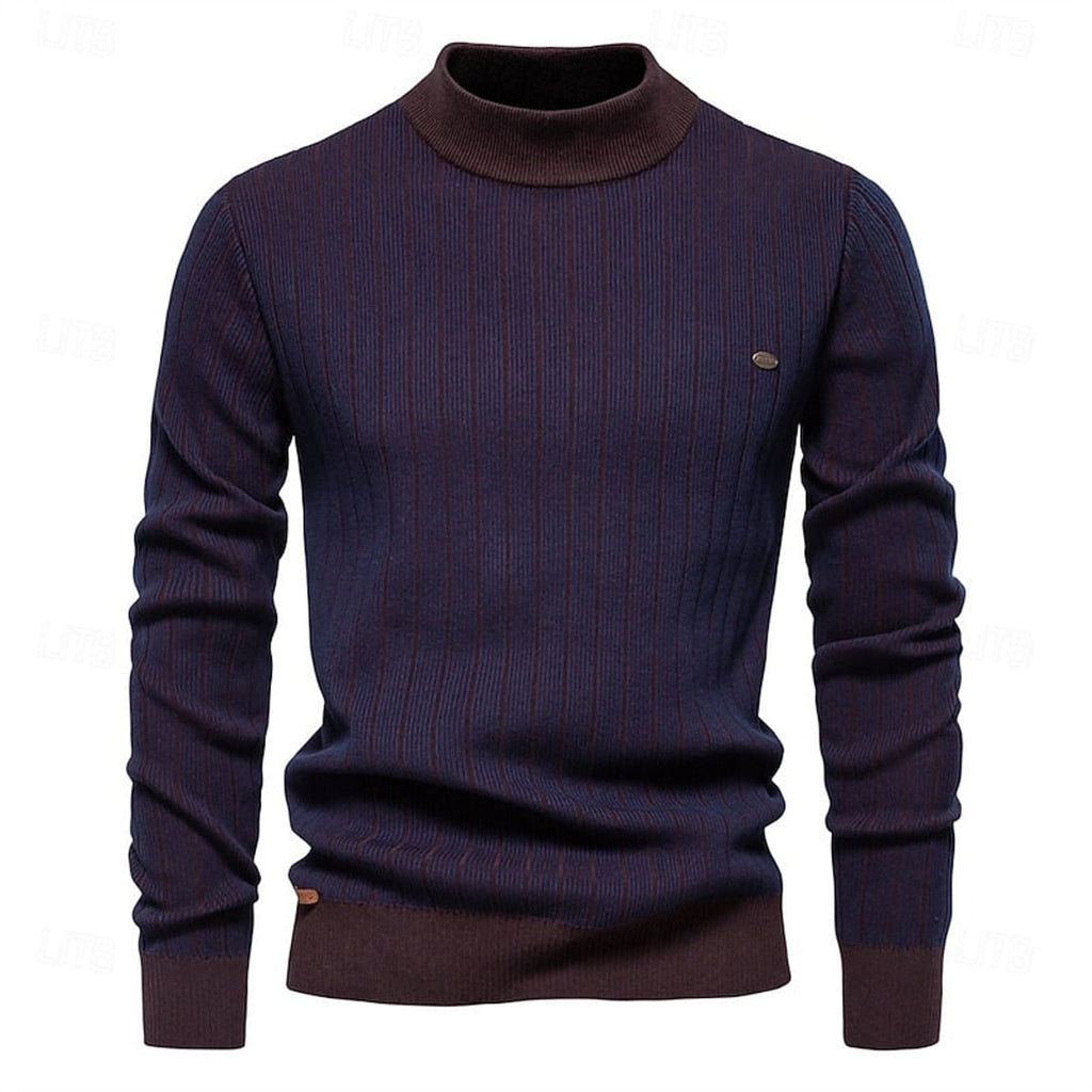 men's mock neck striped sweater in dark navy
