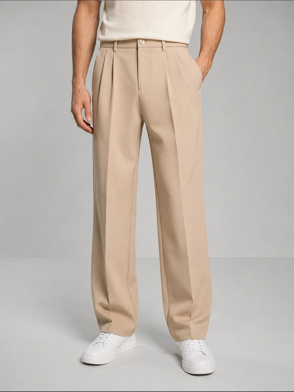 men's pleated wide leg trousers in beige