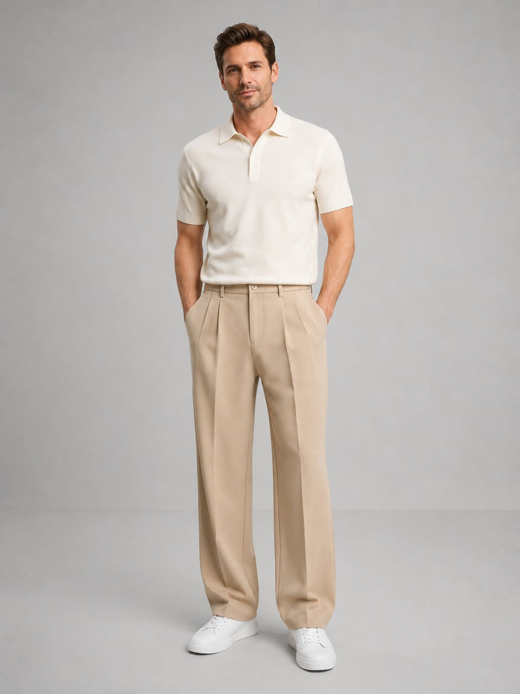 men's pleated wide leg trousers in beige