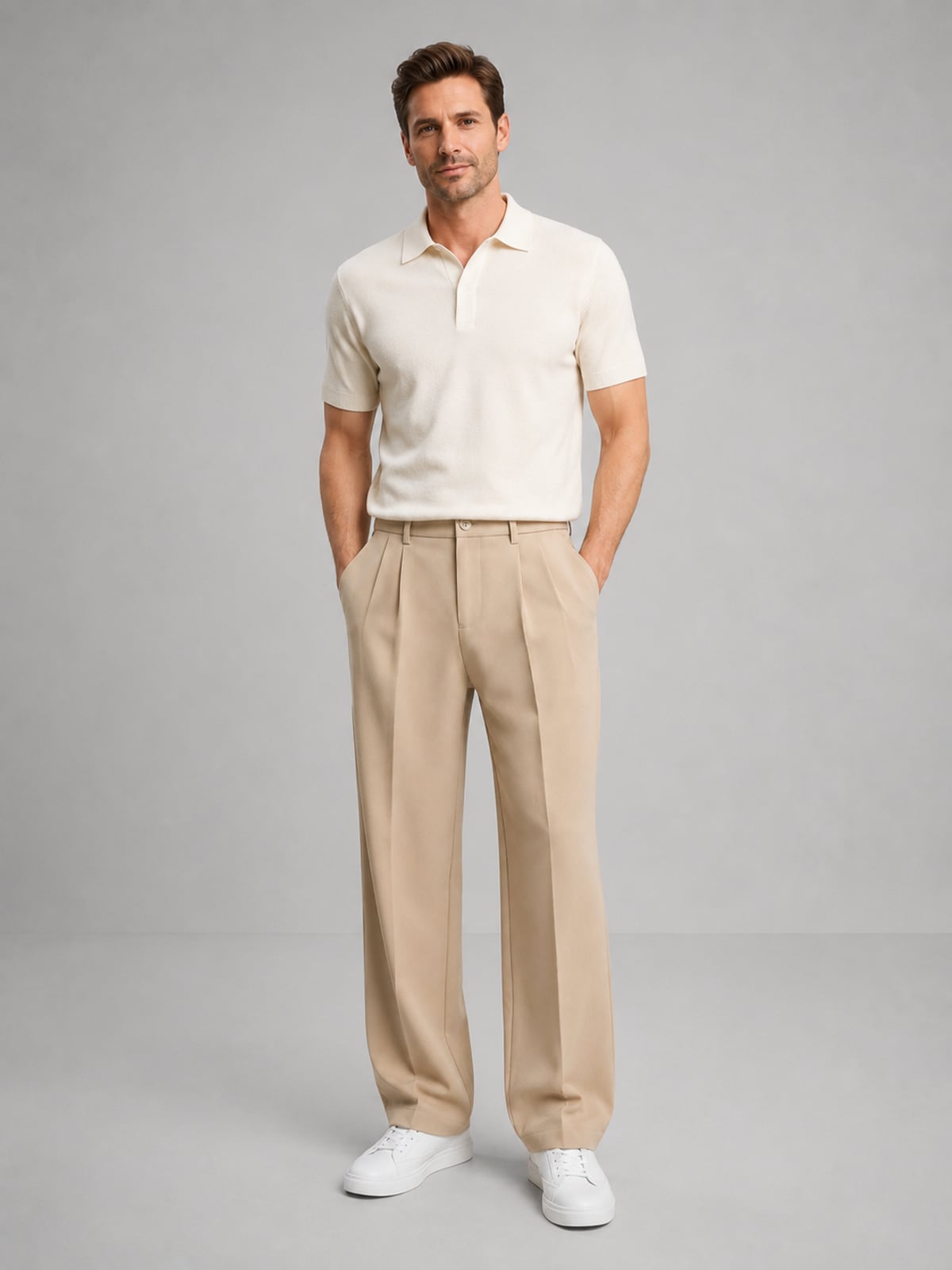 men's pleated wide leg trousers in beige