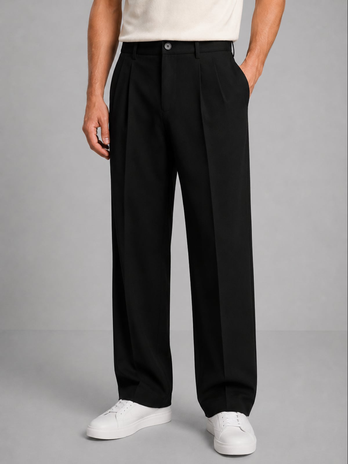 men's pleated wide leg trousers in black