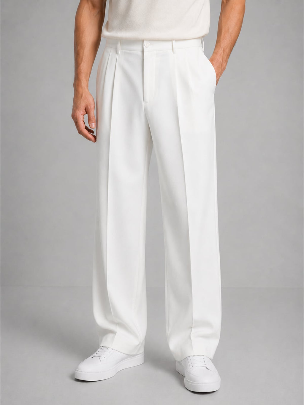 men's pleated wide leg trousers in white