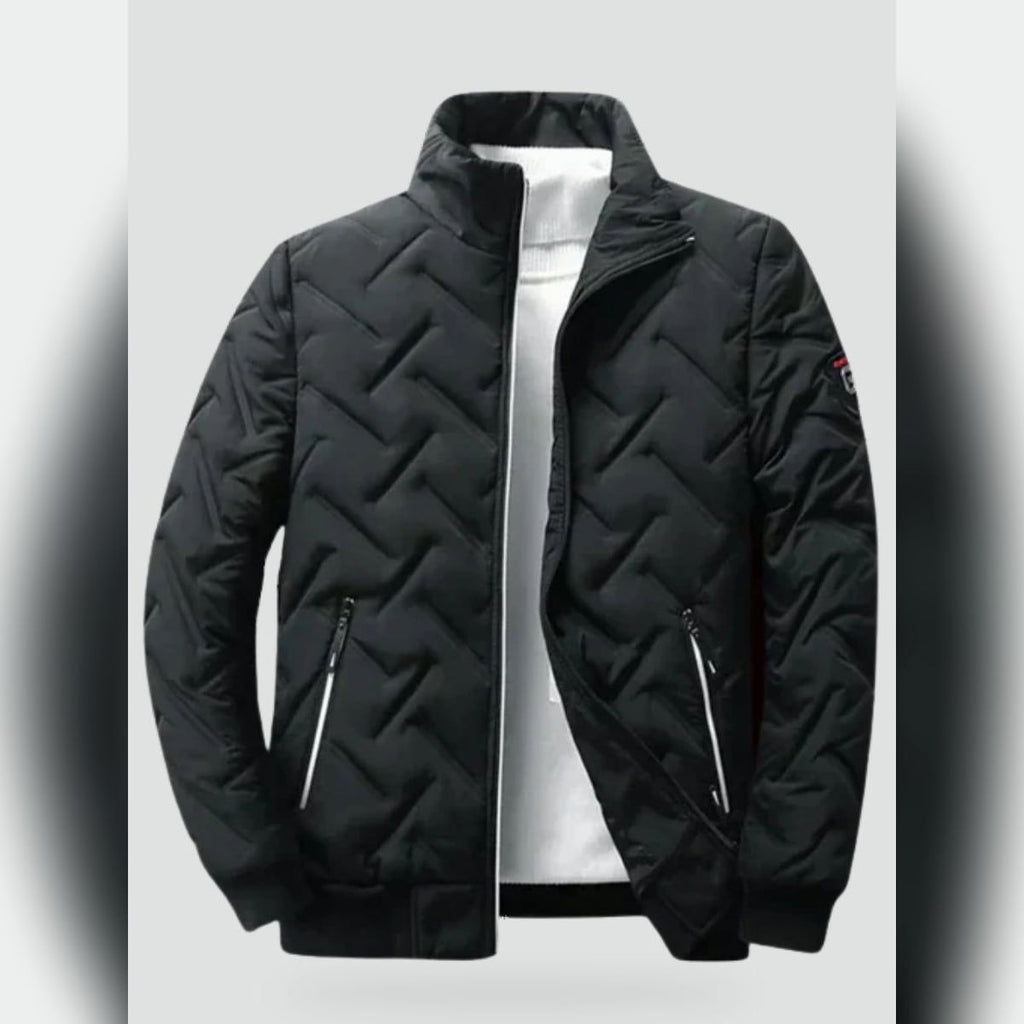 men's puffer bomber jacket with stand collar in black