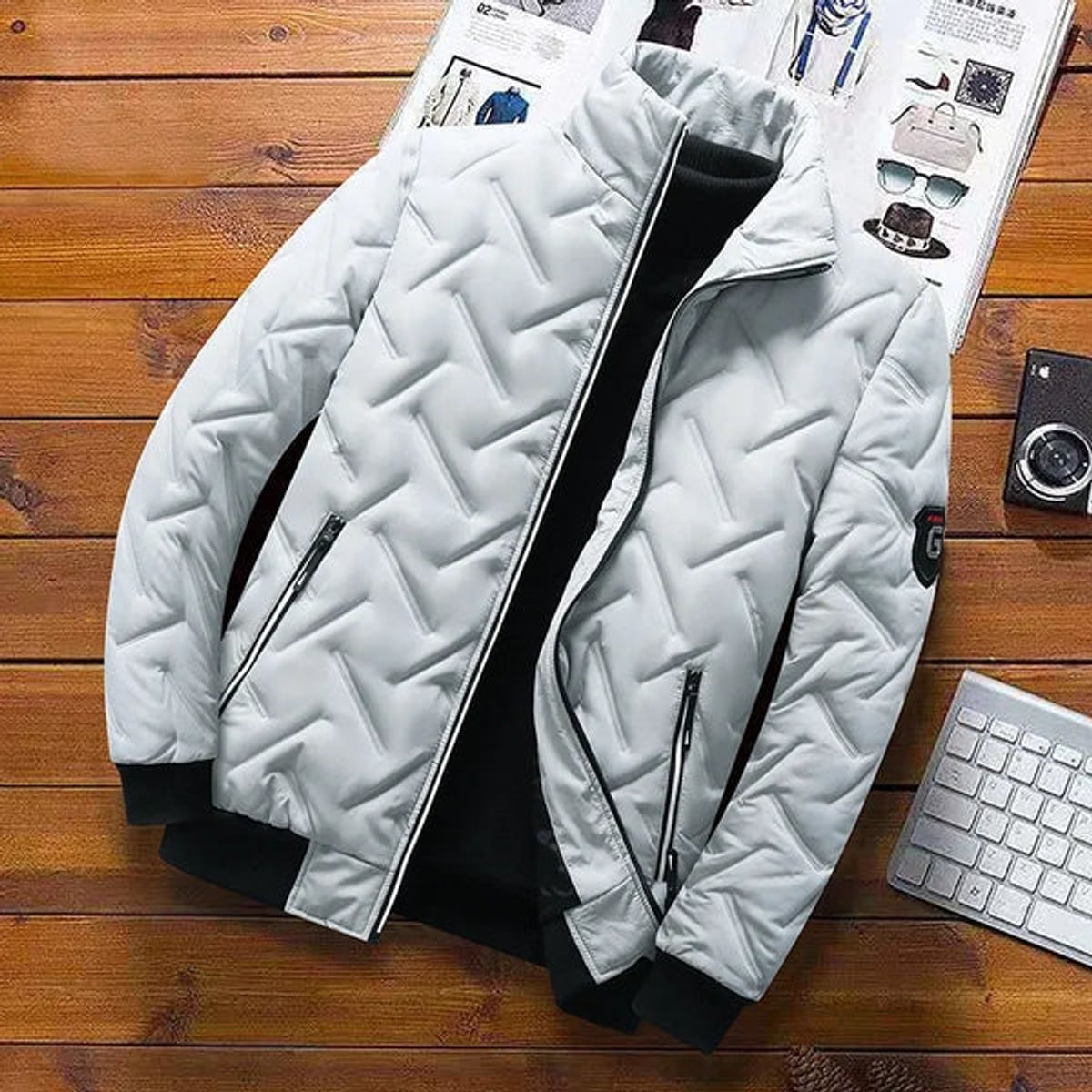 men's puffer bomber jacket with stand collar in white