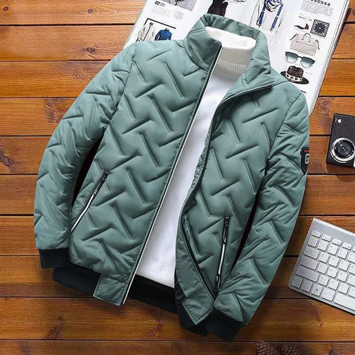 men's puffer bomber jacket with stand collar in green