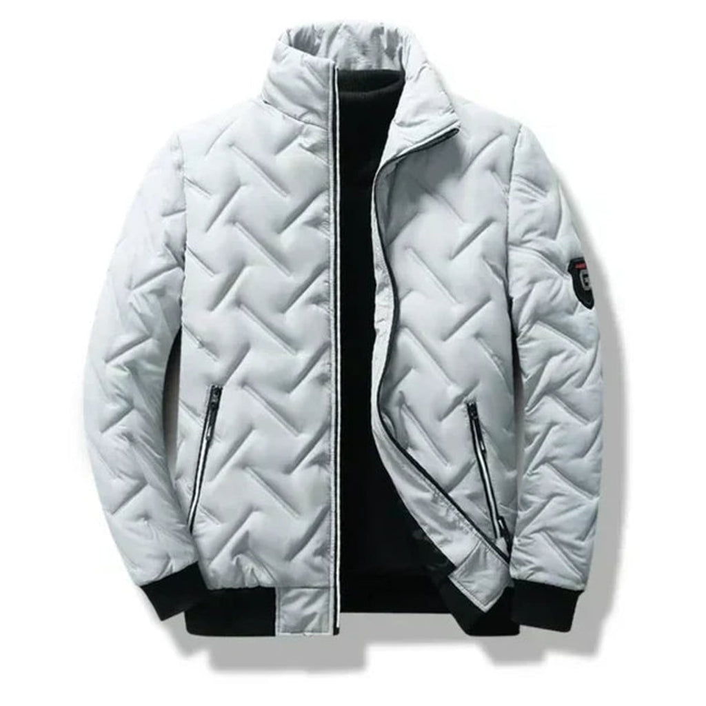 men's puffer bomber jacket with stand collar in white