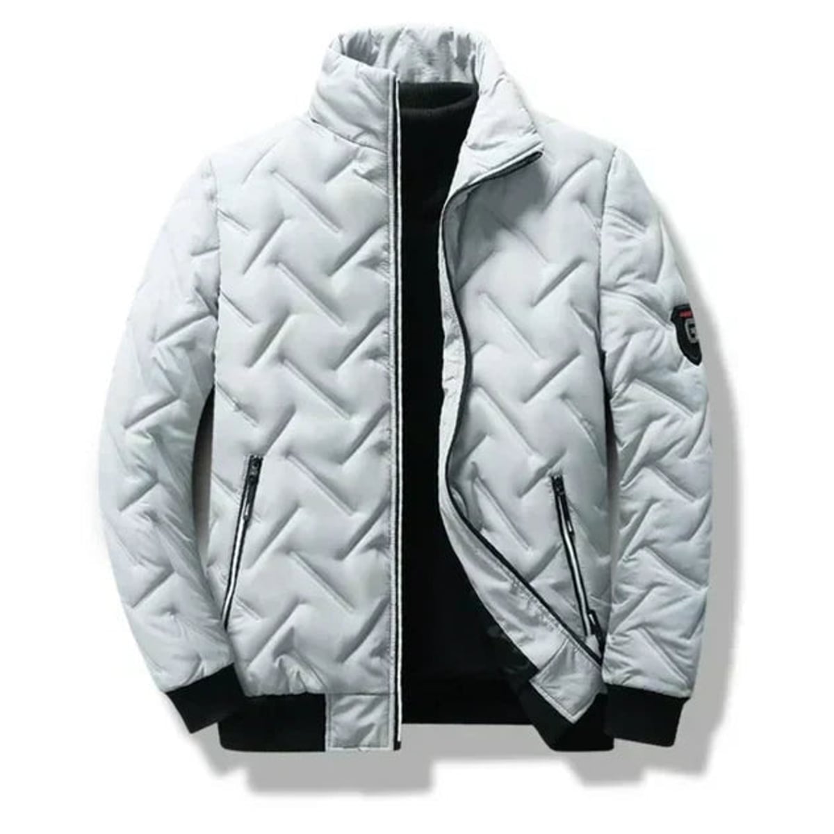 men's puffer bomber jacket with stand collar in white