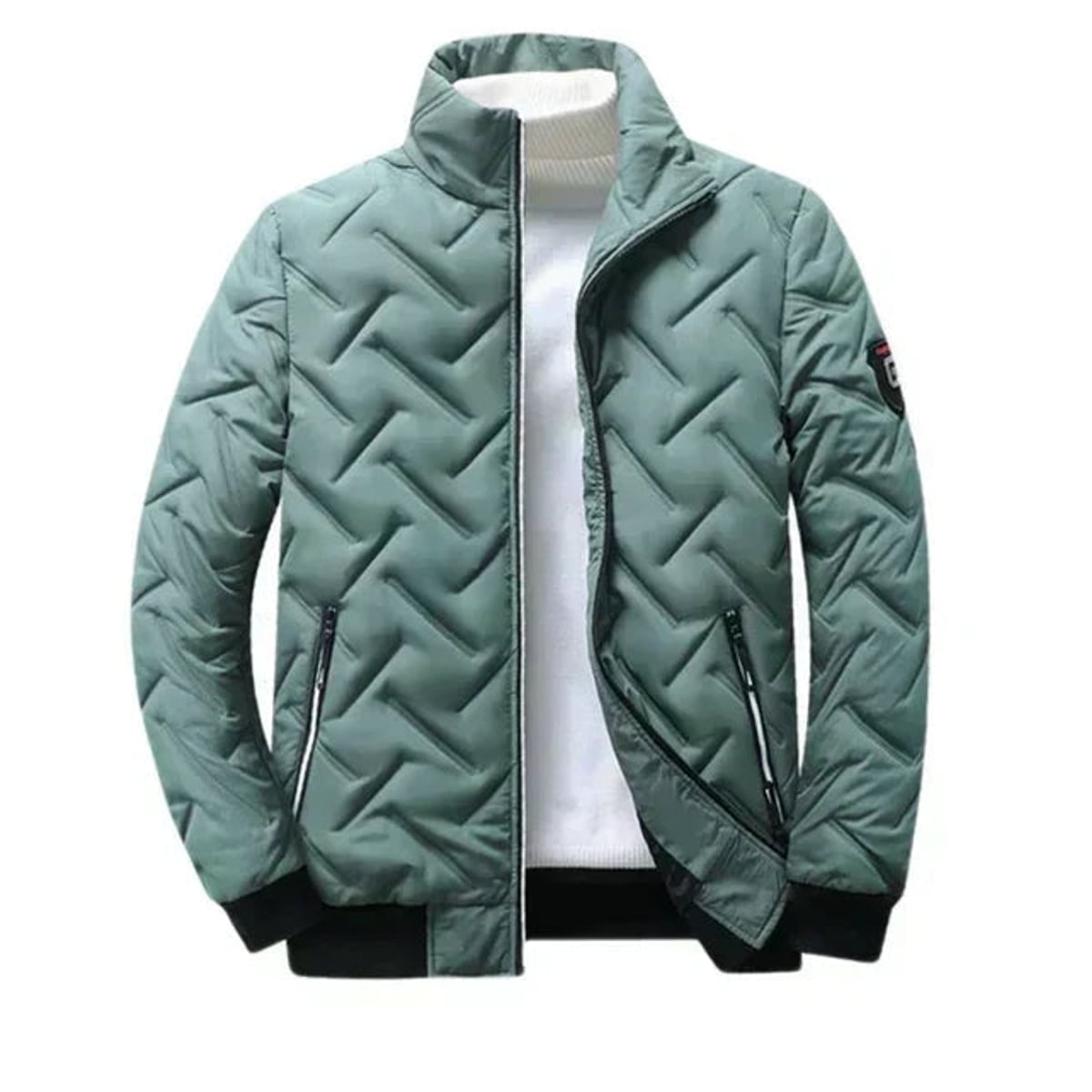 men's puffer bomber jacket with stand collar in green