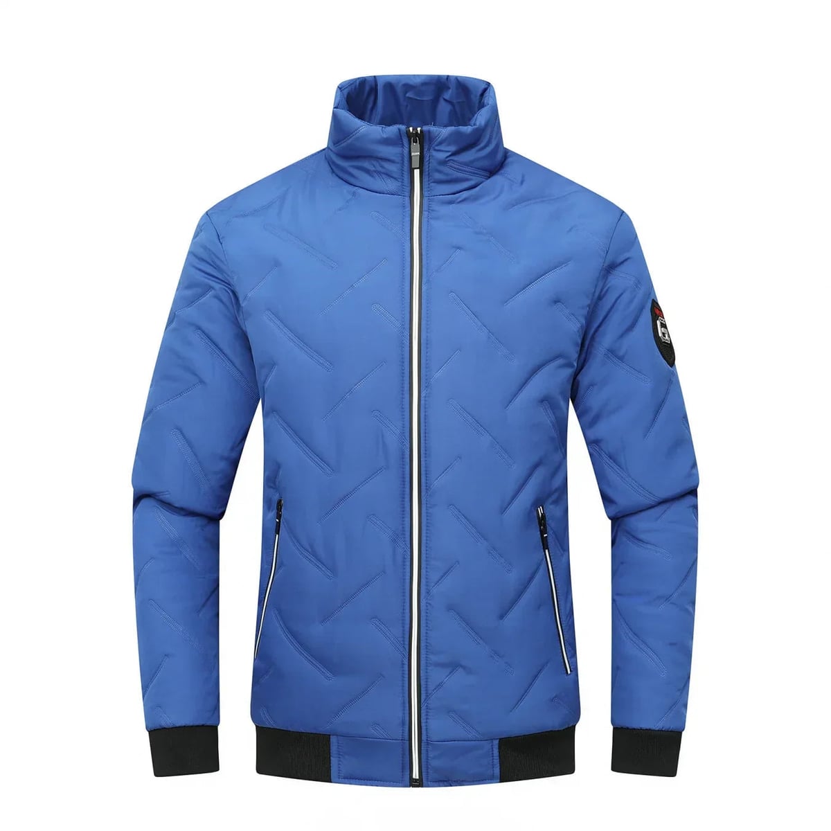 men's puffer bomber jacket with stand collar in blue