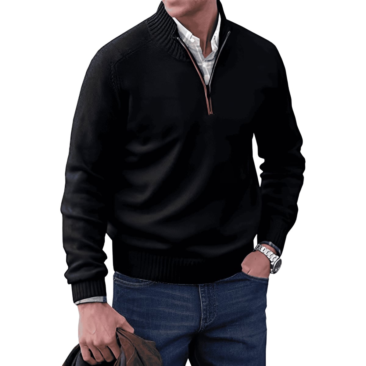men's quarter zip knit pullover in black