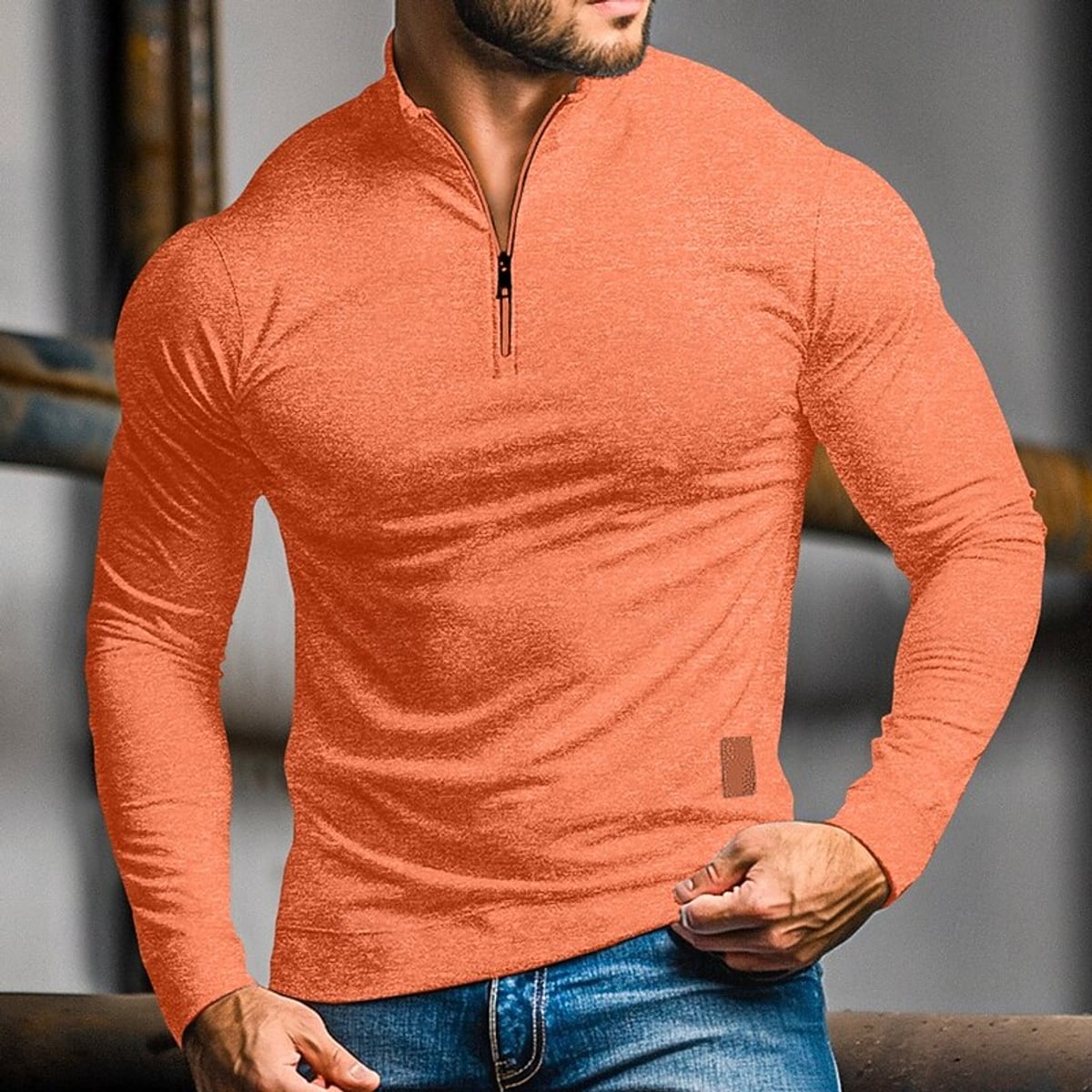 men's quarter-zip long sleeve polo in orange