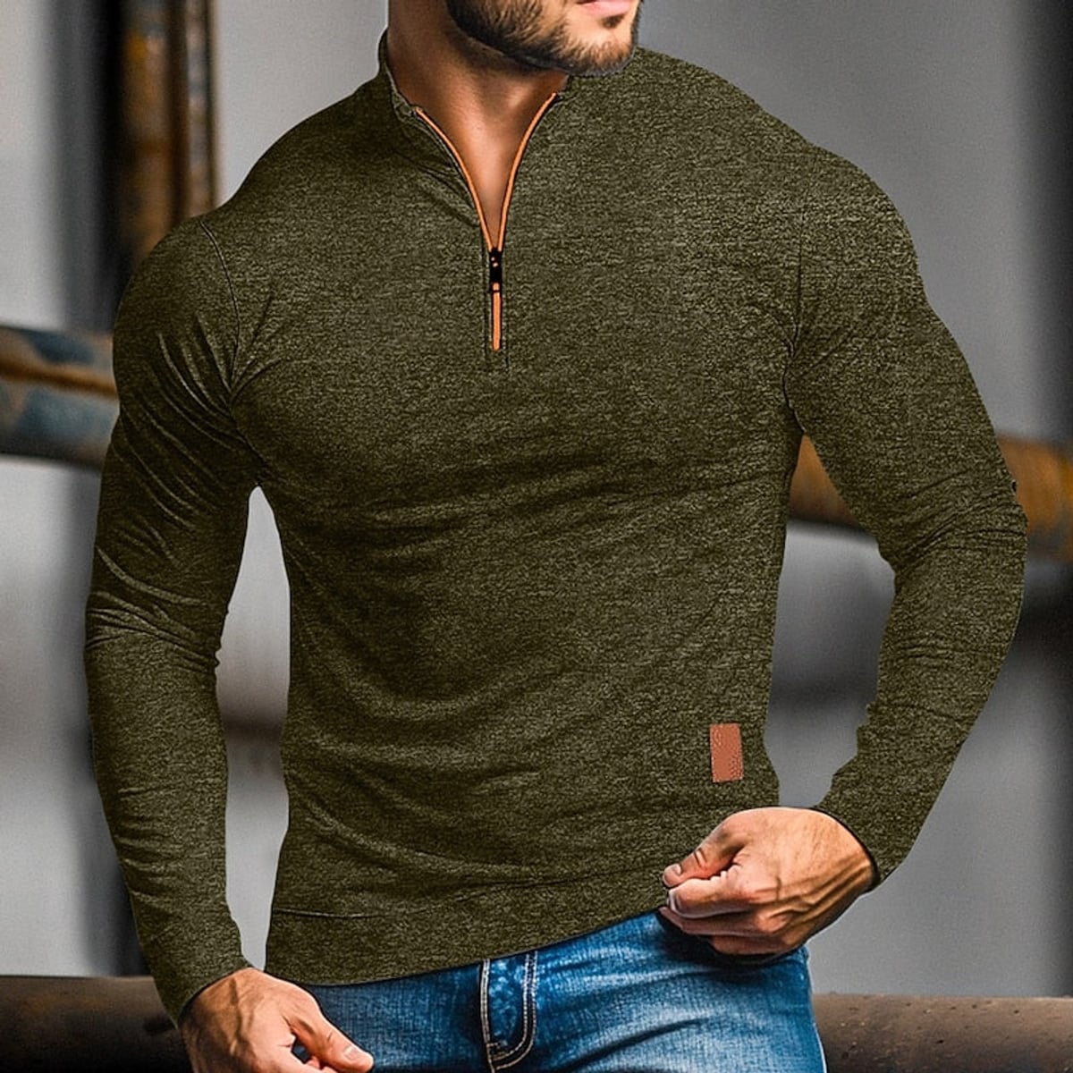 men's quarter-zip long sleeve polo in army green