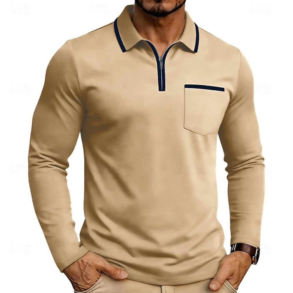 men's quarter-zip long sleeve polo shirt in apricot