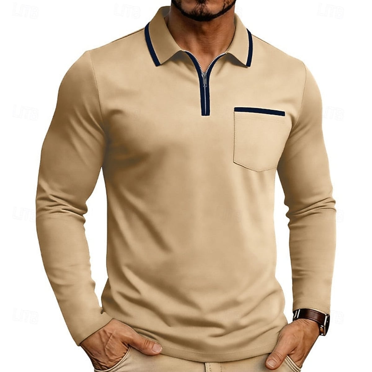 men's quarter-zip long sleeve polo shirt in apricot