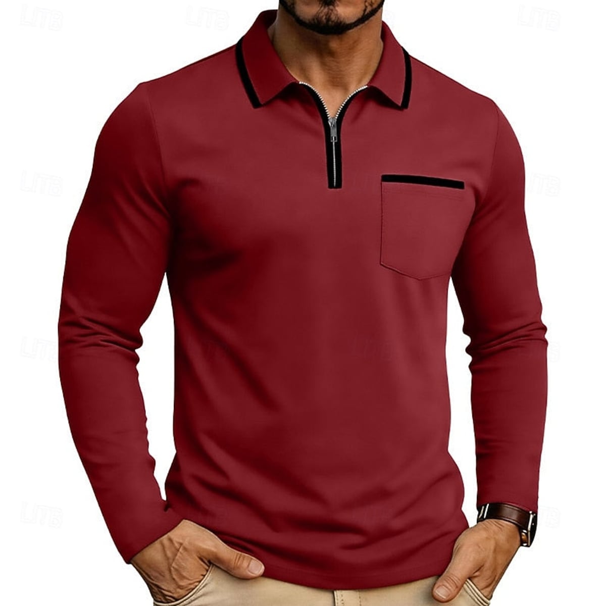 men's quarter-zip long sleeve polo shirt in red
