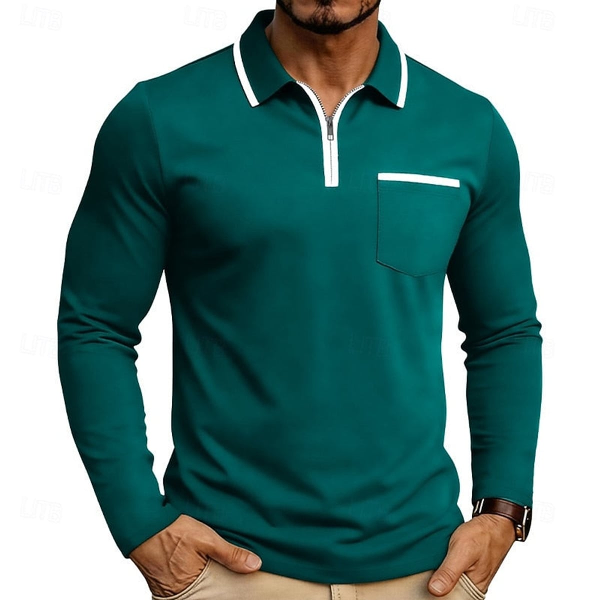 men's quarter-zip long sleeve polo shirt in peacock blue