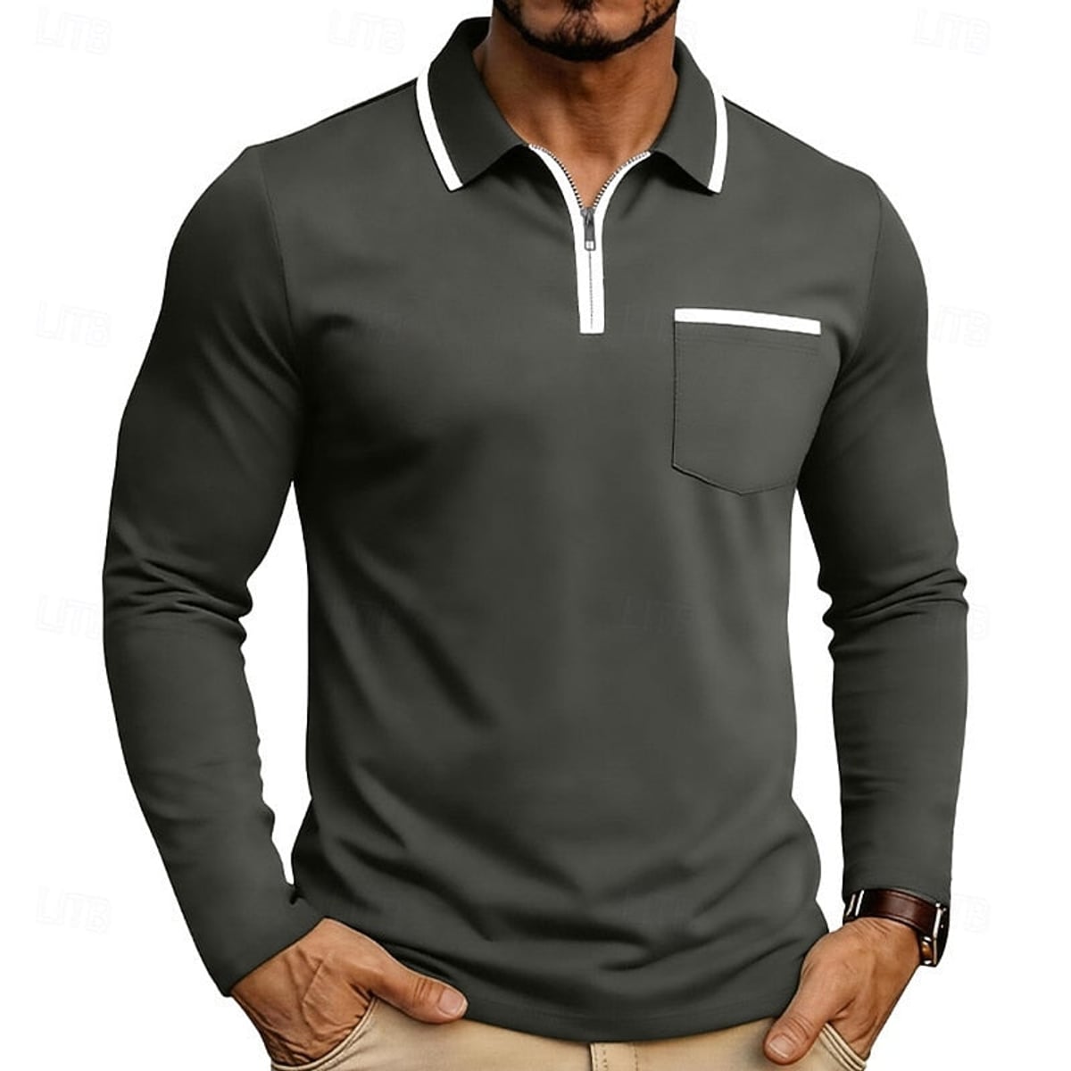 men's quarter-zip long sleeve polo shirt in dark gray