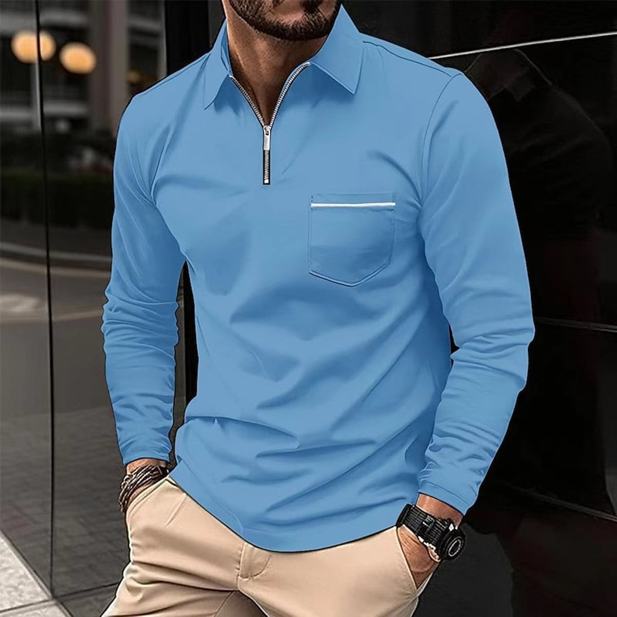 men's quarter-zip polo shirt in sky blue