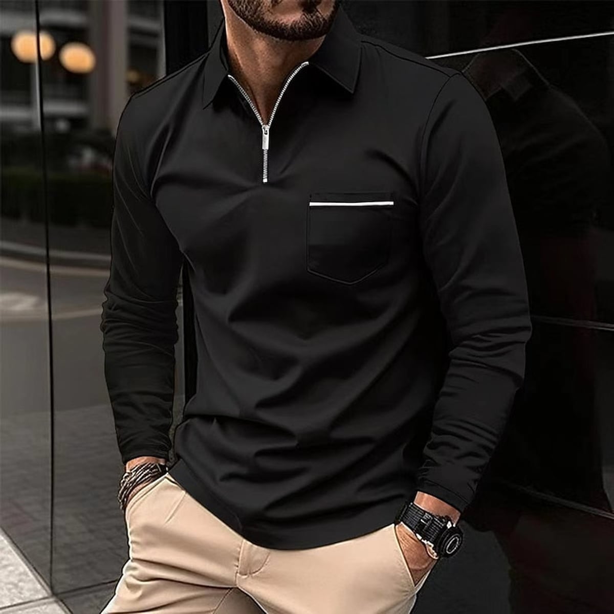 men's quarter-zip polo shirt in black