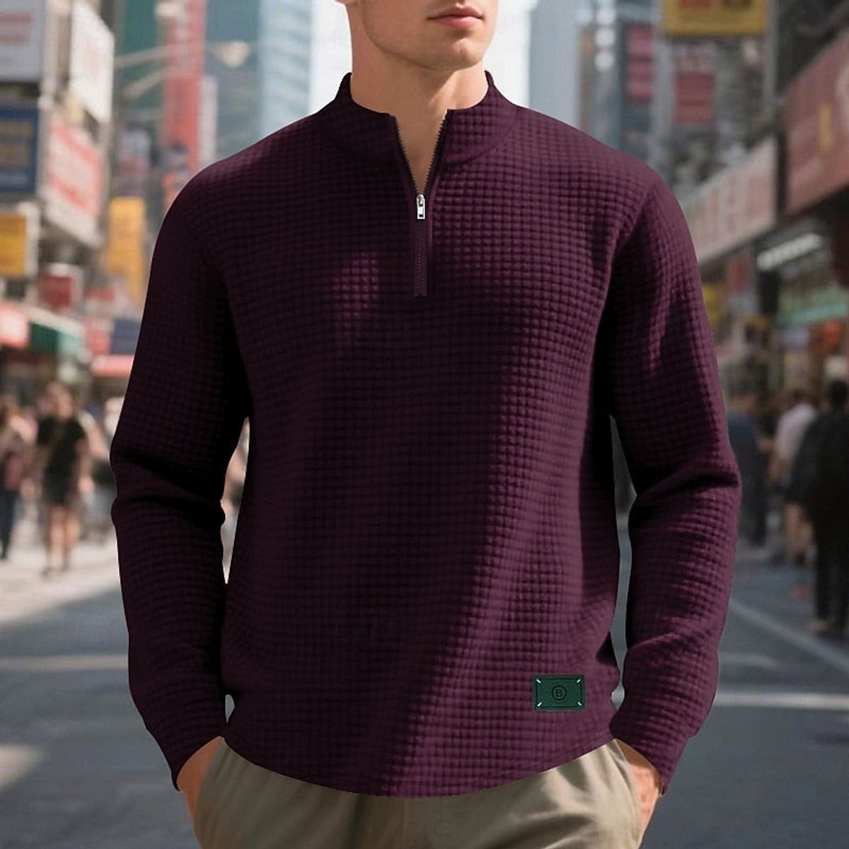 men's quarter-zip textured sweatshirt in wine
