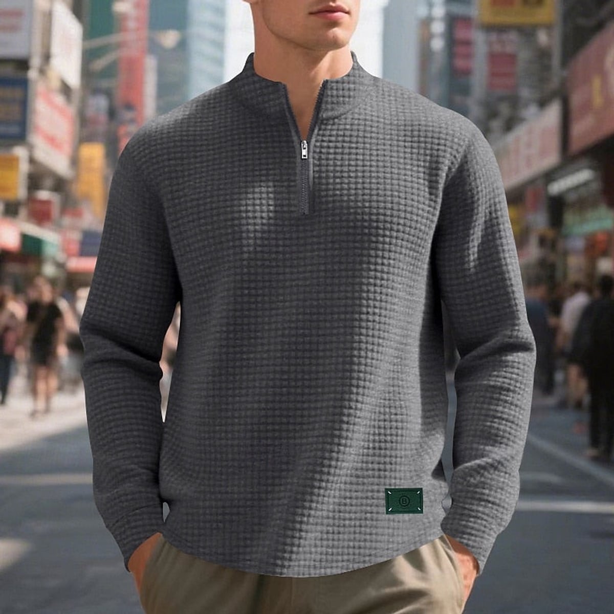 men's quarter-zip textured sweatshirt in dark gray