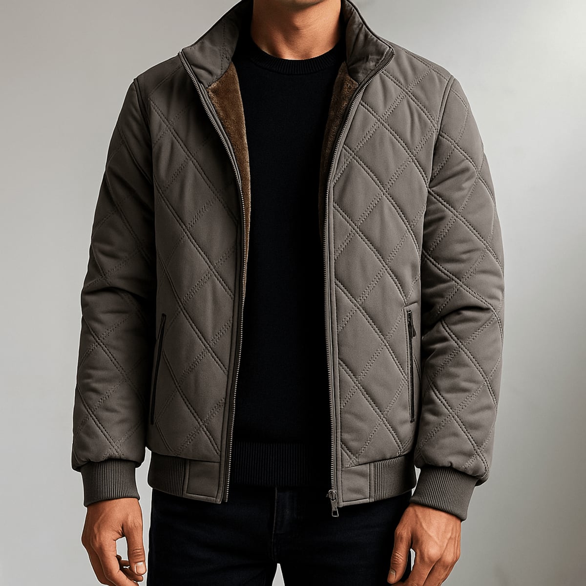 men's quilted fleece-lined bomber jacket in gray