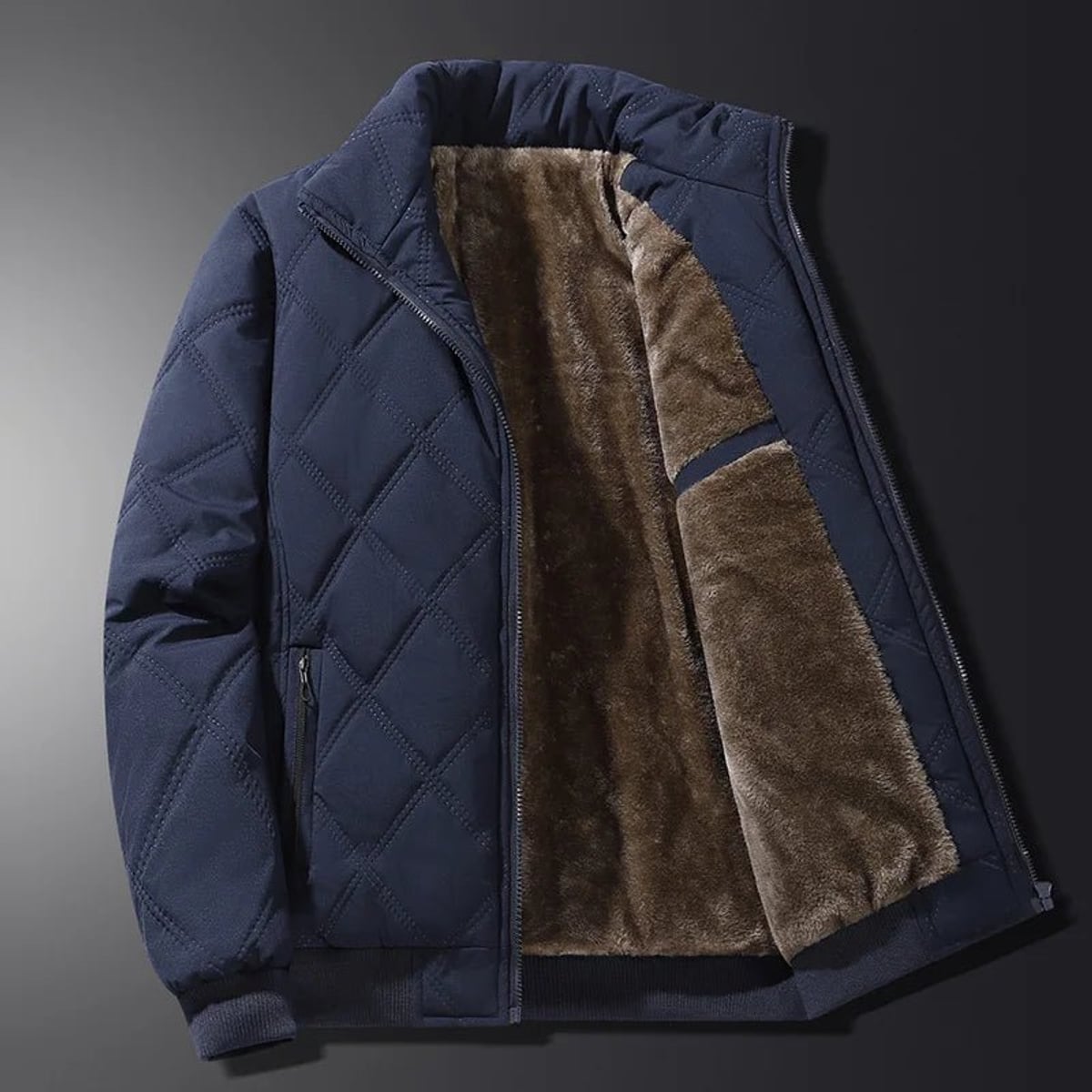 men's quilted fleece-lined bomber jacket in navy blue