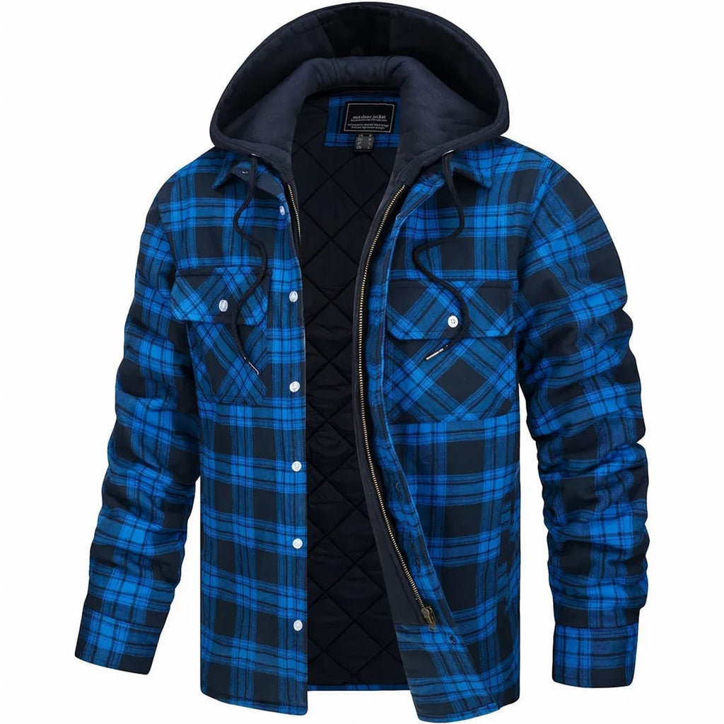 men's quilted lined hooded overshirt in dark blue