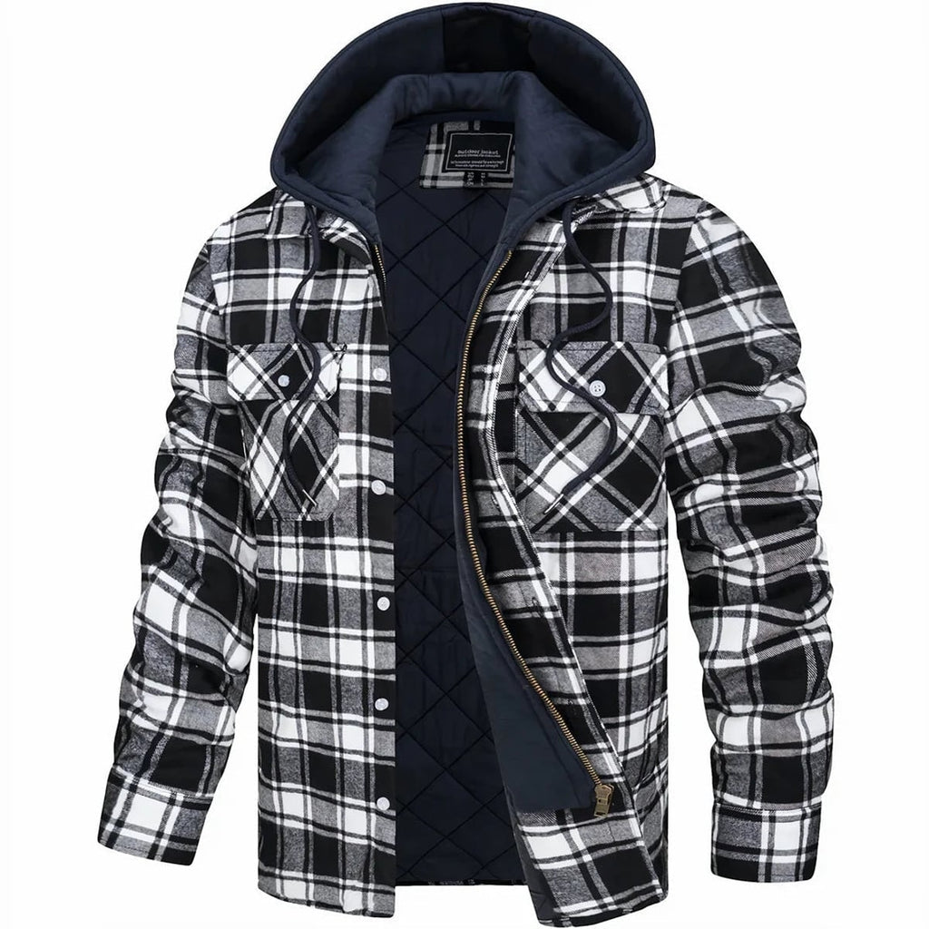 men's quilted lined hooded overshirt in black