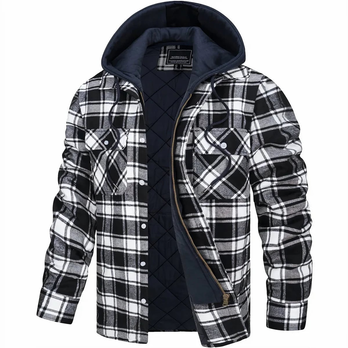 men's quilted lined hooded overshirt in black
