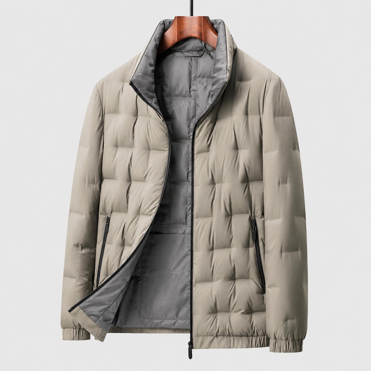 men's quilted stand collar puffer jacket in beige