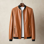 men's regular fit faux leather bomber jacket in cognac brown
