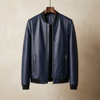 men's regular fit faux leather bomber jacket in blue