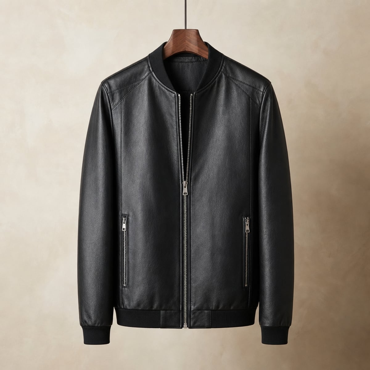 men's regular fit faux leather bomber jacket in black