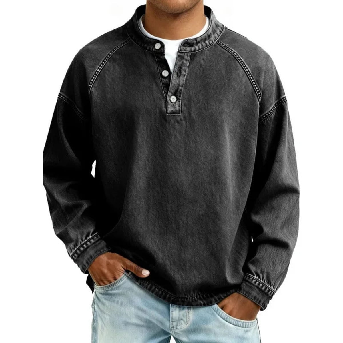 men's relaxed fit henley long sleeve shirt in black
