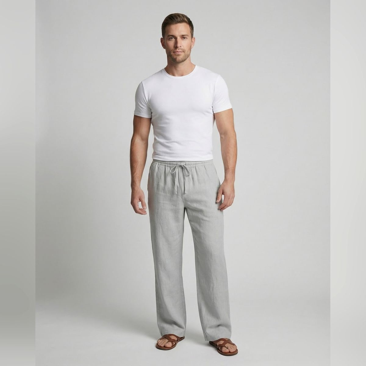 men's relaxed fit linen drawstring trousers in gray
