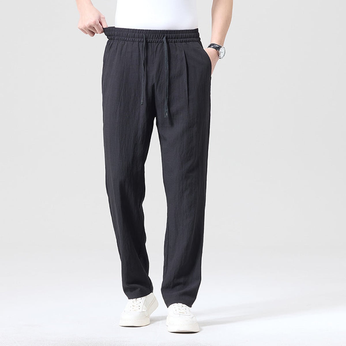men's relaxed fit linen drawstring trousers in black