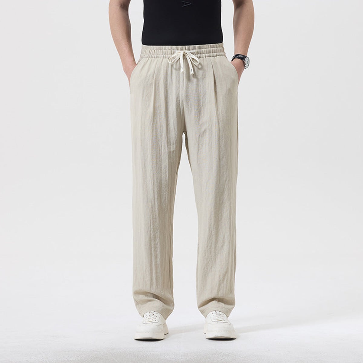 men's relaxed fit linen drawstring trousers in khaki style1