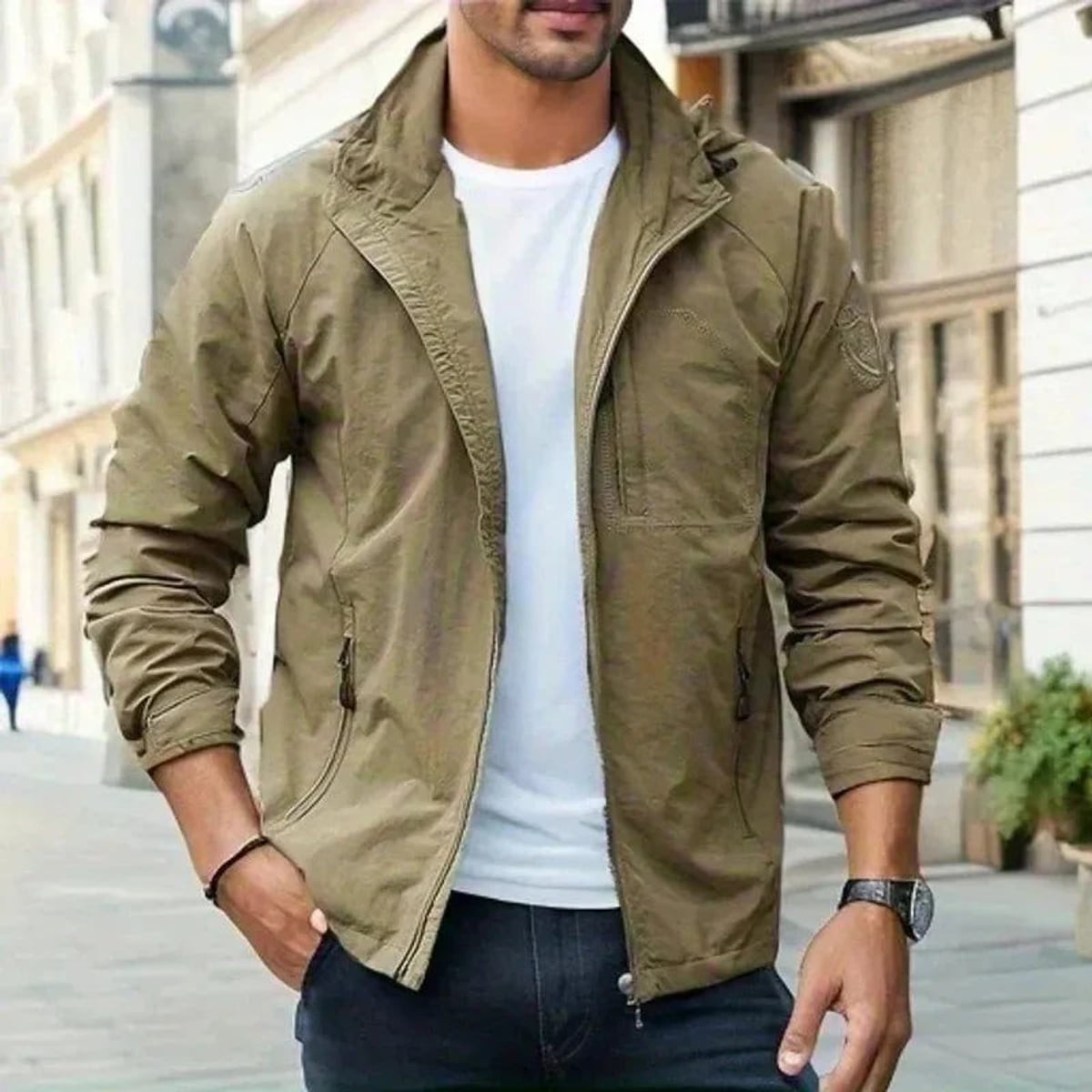 men's relaxed fit stand collar jacket in khaki