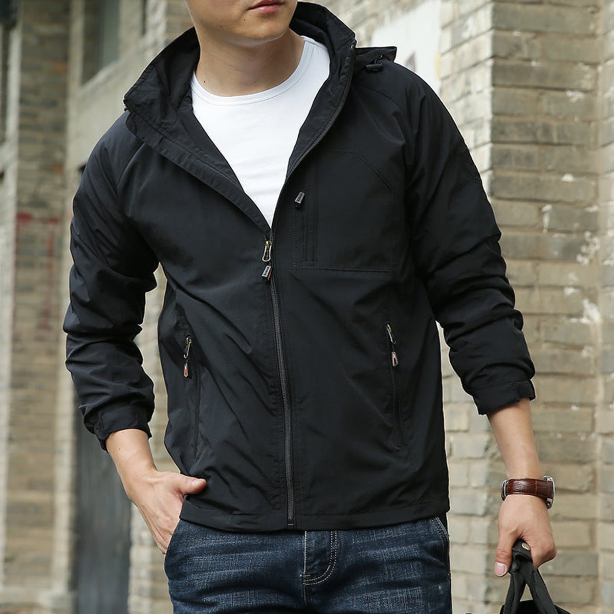 men's relaxed fit stand collar jacket in black