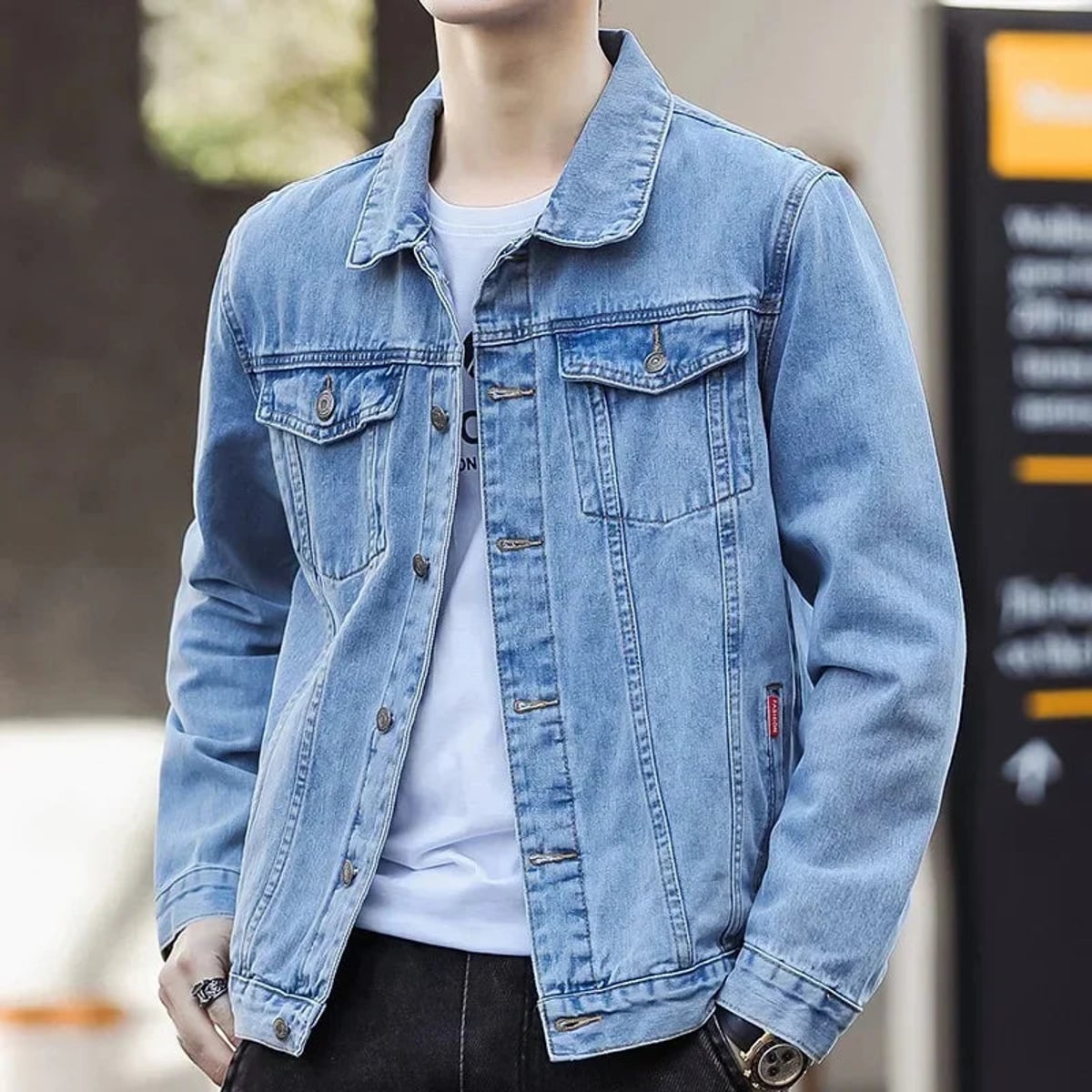 men's relaxed fit trucker jacket in light blue