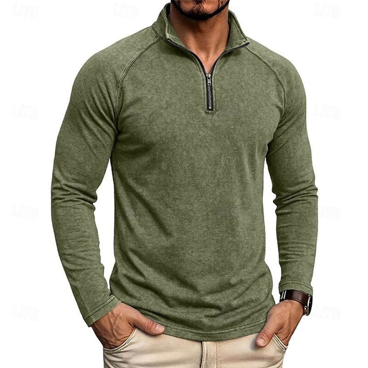 men's relaxed zip-neck top in military green